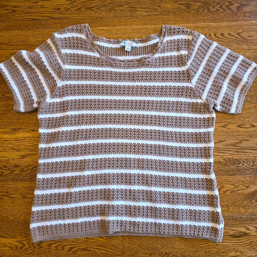 Denim & Co L Womens Tan White Nautical Striped Short Sleeve Textured Knit Top